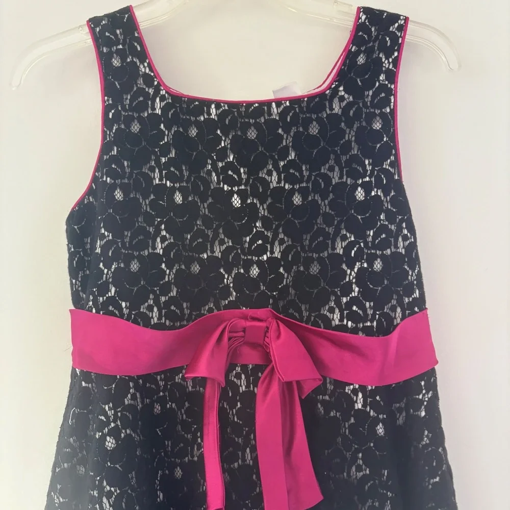 Emily West Girls Size 14.5 Black Lace Dress Pink‎ Ribbon White Layered Hem Party